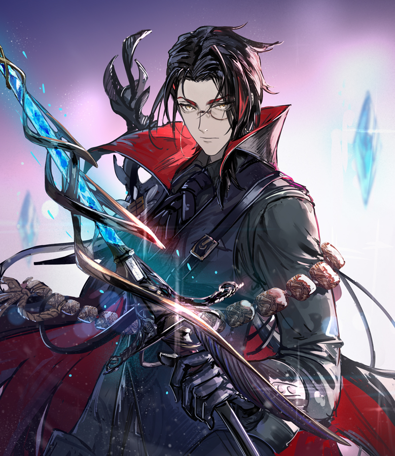 1boy, arknights, ascot, black_gloves, black_hair, buckle, cape, chain