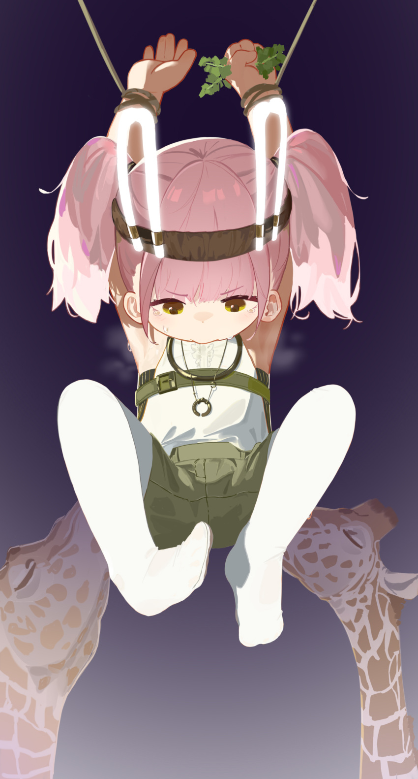 1girl, absurdres, animal_ears, armpits, arms_up, crying, fake_animal_ears, feeding