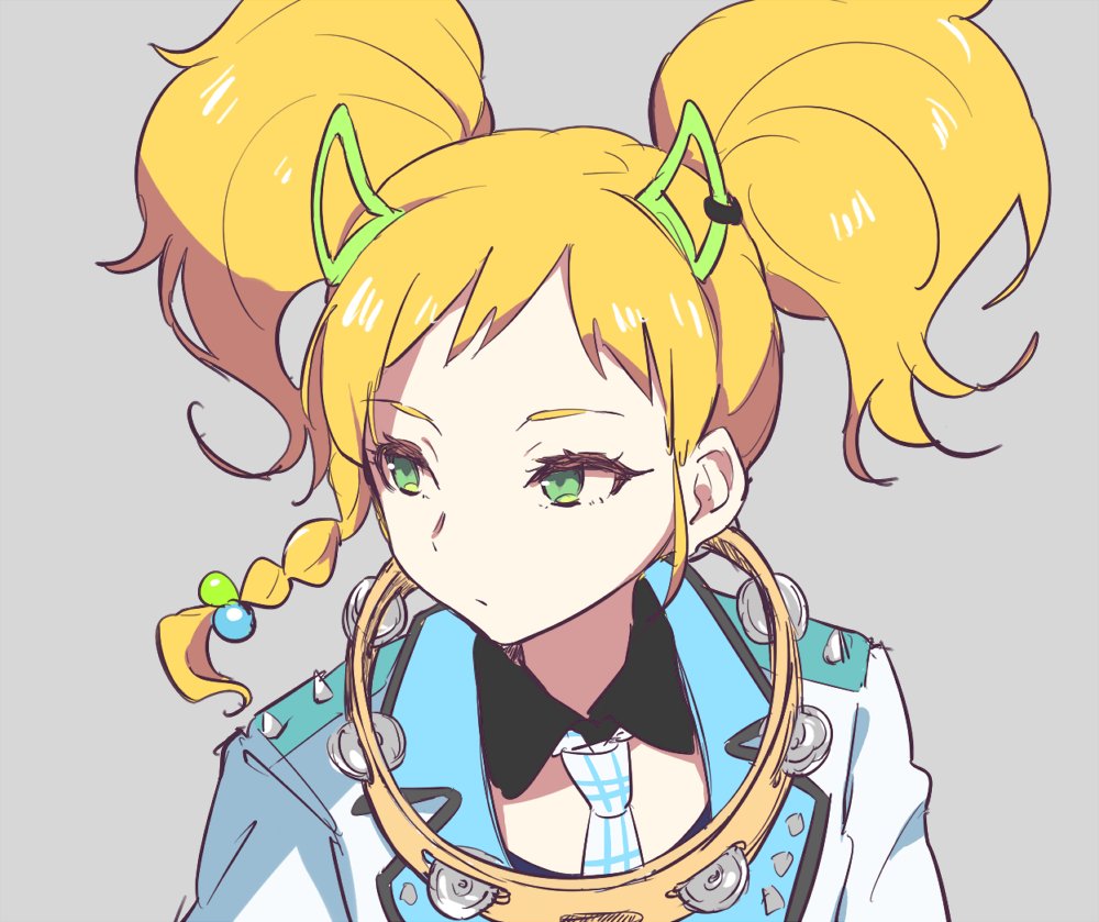 1girl, aikatsu!_(series), aikatsu_stars!, bad_id, bad_twitter_id, blonde_hair, blue_jacket, blue_necktie, braid, closed_mouth, detached_collar, green_eyes, grey_background, hair_bobbles, hair_ornament, instrument, jacket, long_hair, looking_to_the_side, necktie, nikaido_yuzu, shiontaso, side_braid, simple_background, solo, tambourine, twintails, upper_body