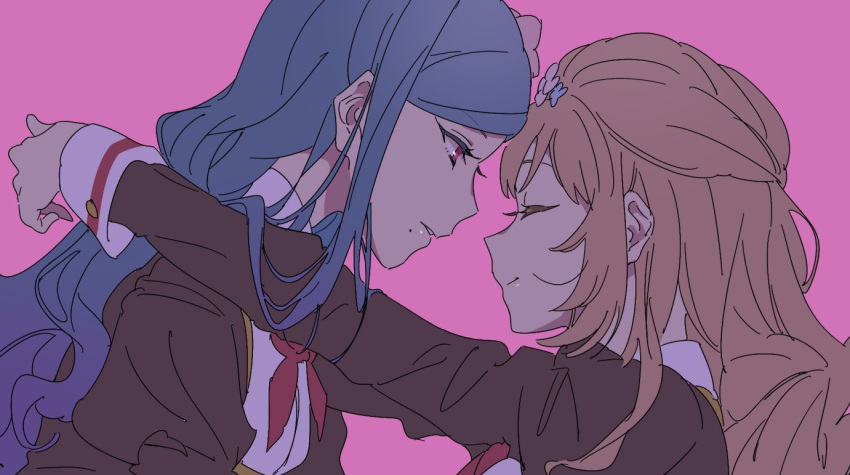 2girls, aikatsu!, aikatsu!_(series), bad_id, bad_twitter_id, blue_hair, brown_jacket, closed_eyes