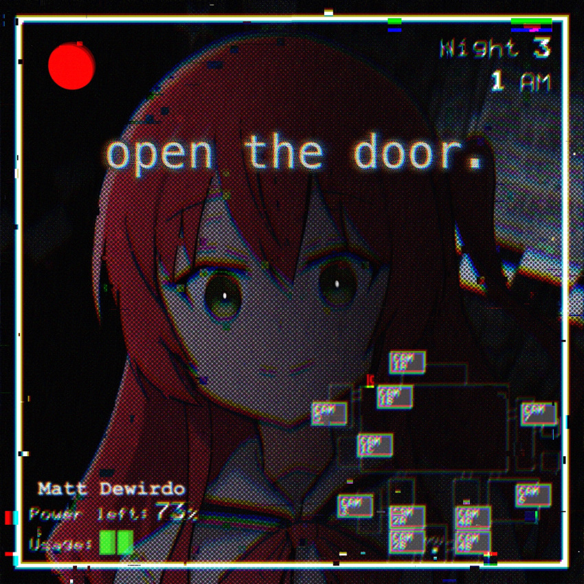 1girl, battery_indicator, bocchi_the_rock!, closed_mouth, commentary, english_commentary, english_text, five_nights_at_freddy's
