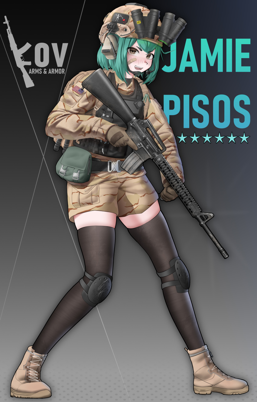 absurdres, american_flag, assault_rifle, bandaid, bandaid_on_face, belt, black_shirt, black_thighhighs