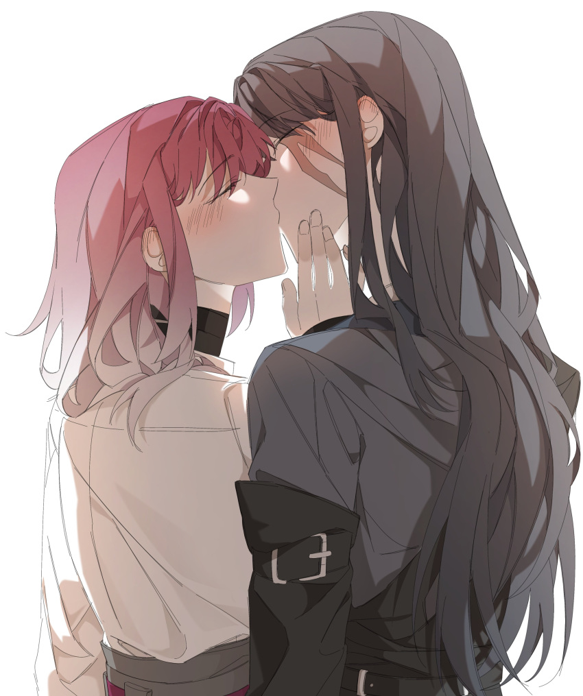 2girls, absurdres, black_coat, black_hair, blush, closed_eyes, coat, ear_blush