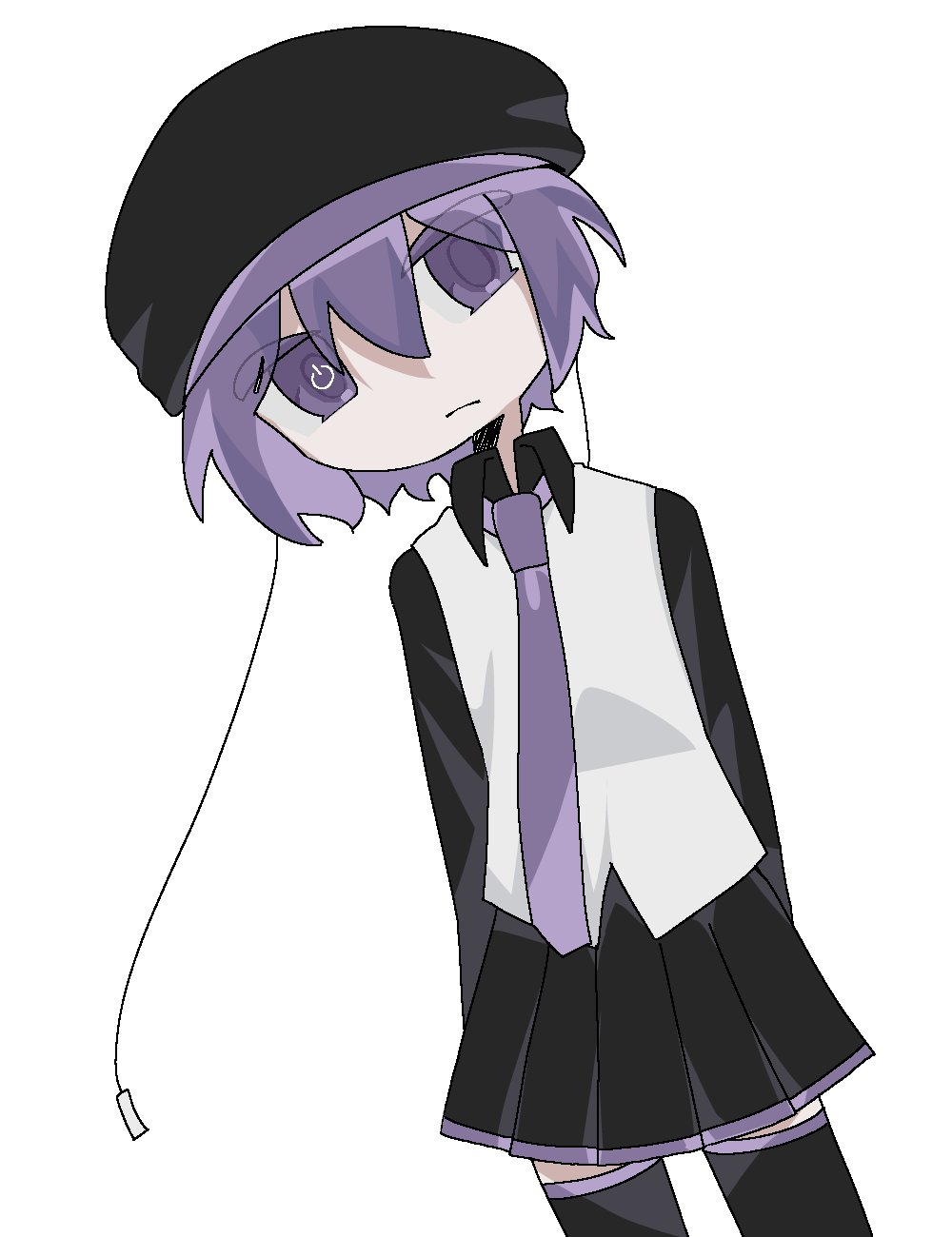 1girl, black_beret, black_skirt, black_sleeves, black_thighhighs, cable, cho_(cho_utu00), closed_mouth, collared_shirt, cowboy_shot, highres, long_sleeves, looking_at_viewer, miniskirt, necktie, power_symbol, purple_hair, purple_necktie, shirt, short_hair, simple_background, skirt, solo, standing, thigh-highs, utane_uta, utau, violet_eyes, white_background, white_shirt