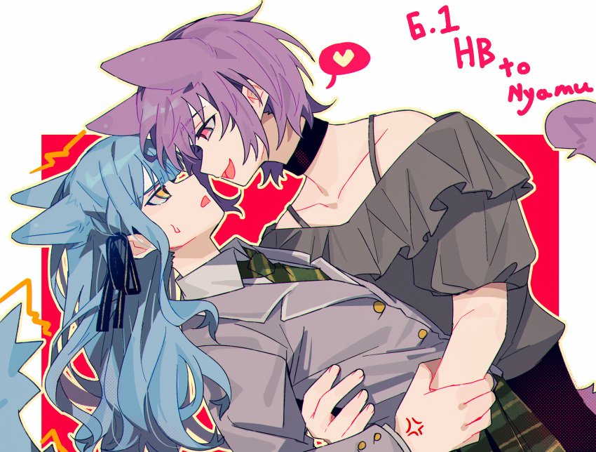 2girls, anger_vein, animal_ears, bang_dream!, bang_dream!_it's_mygo!!!!!, black_choker, blue_hair, cat_ears