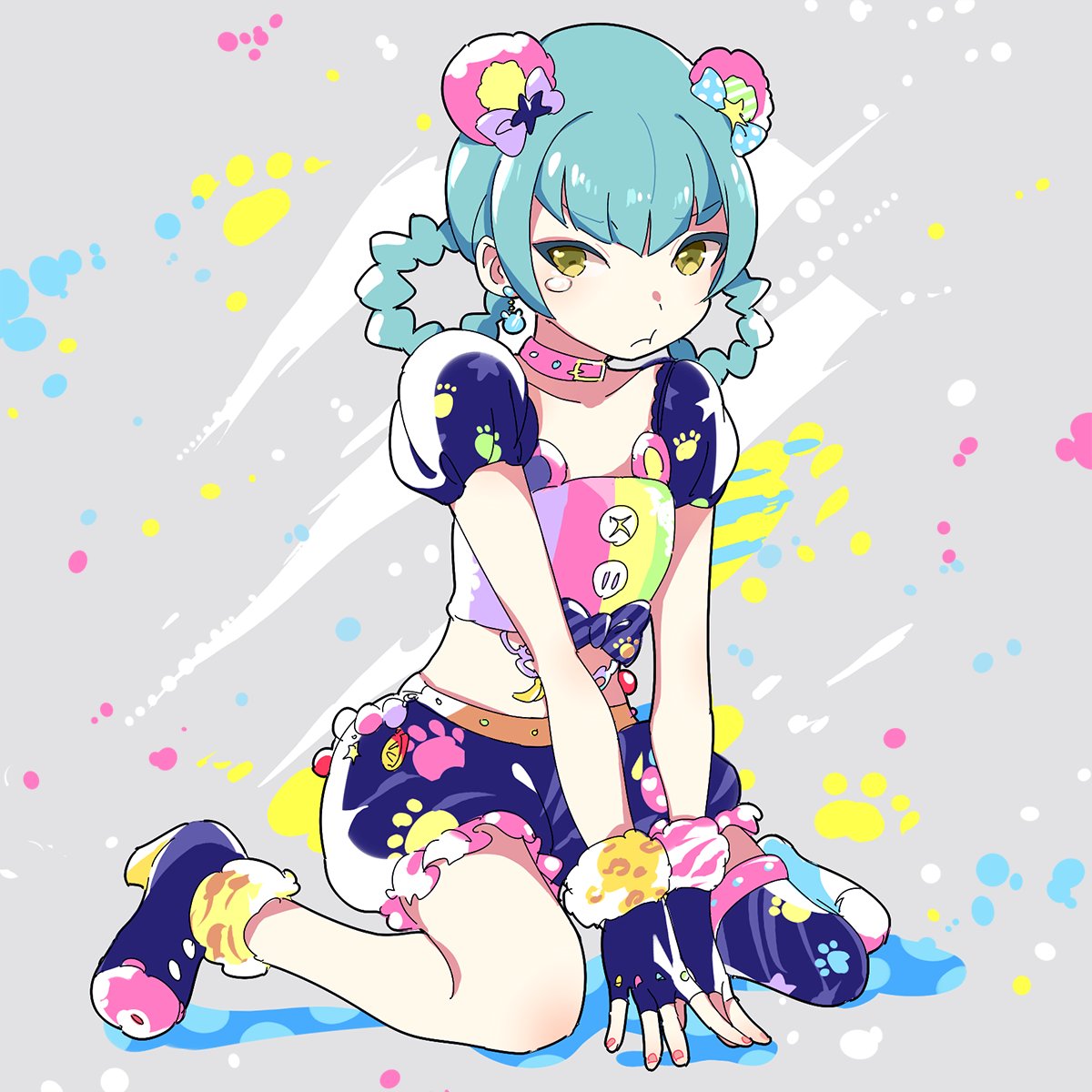 1girl, aikatsu!_(series), aikatsu_stars!, animal_ears, bad_id, bad_twitter_id, bear_ears, between_legs, blue_footwear, blue_hair, blue_shorts, braided_hair_rings, closed_mouth, collar, cropped_shirt, fake_animal_ears, fingerless_gloves, full_body, gloves, grey_background, hand_between_legs, high_heels, highres, idol_clothes, long_hair, looking_at_viewer, midriff, paint_splatter, pink_collar, pout, puffy_short_sleeves, puffy_sleeves, sakamoto_arisa, shiontaso, shoes, short_sleeves, shorts, sitting, solo, tearing_up, yellow_eyes