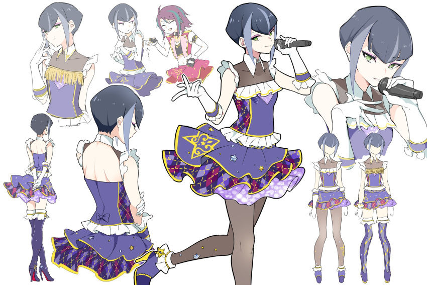 2girls, aikatsu!_(series), aikatsu_stars!, arms_behind_back, bare_shoulders, black_hair, black_pantyhose, closed_mouth
