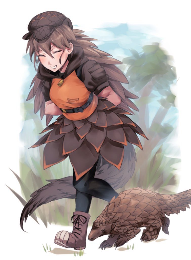 1girl, animal, animal_ears, arm_pouch, arms_behind_back, boots, breast_pocket, brown_hair