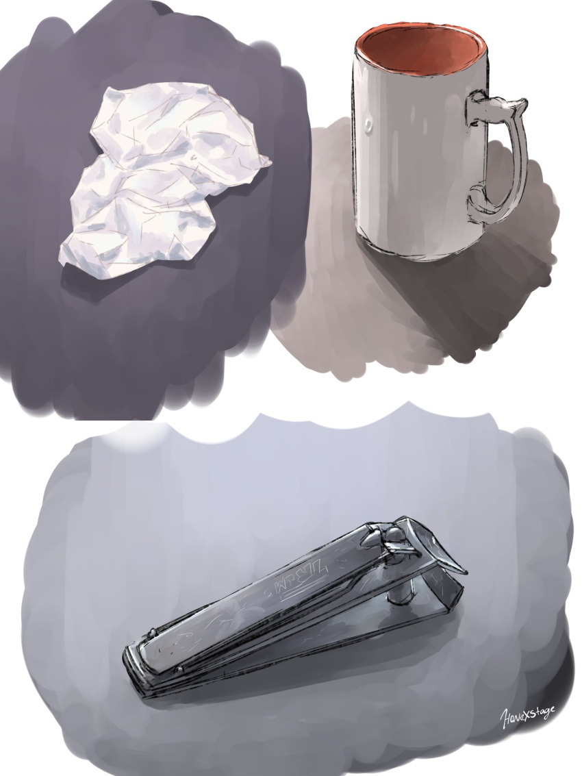 artist_name, cup, english_commentary, highres, honexstage, mug, nail_clippers, no_humans, original, tissue, used_tissue