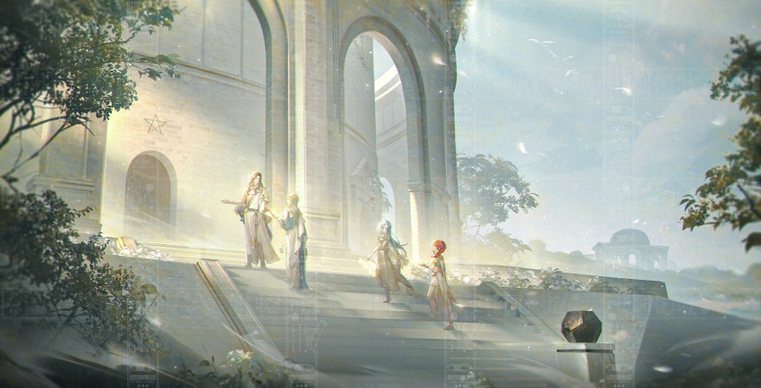 210_(reverse:1999), 2boys, 2girls, 37_(reverse:1999), 6_(reverse:1999), ancient_greek_clothes, arch, architecture, artist_request, blonde_hair, blue_hair, blue_sky, brown_hair, commission, day, dodecahedron, greco-roman_architecture, greco-roman_clothes, highres, long_hair, multiple_boys, multiple_girls, outdoors, redhead, reverse:1999, second-party_source, sky, sophia_(reverse:1999), stairs, standing, sunlight, tree, watermark, wide_shot