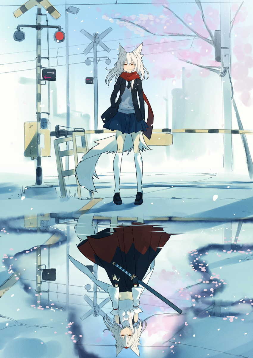 1girl, alternate_costume, animal_ears, black_footwear, black_jacket, black_necktie, blue_skirt, boom_barrier
