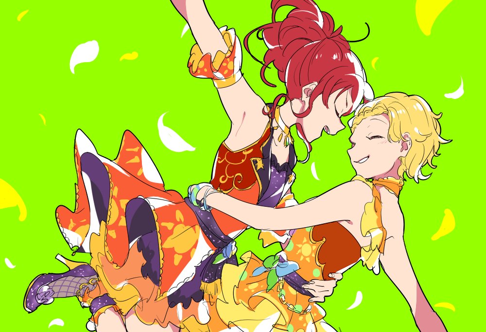 2girls, aikatsu!, aikatsu!_(series), armpits, bad_id, bad_twitter_id, bare_shoulders, blonde_hair, closed_eyes, dancing, detached_sleeves, dress, dutch_angle, facing_another, green_background, hand_on_another's_waist, high_heels, idol, idol_clothes, kurebayashi_juri, long_hair, multiple_girls, open_mouth, orange_dress, outstretched_arm, petals, ponytail, red_dress, redhead, shinjo_hinaki, shiontaso, shoes, short_hair, smile, standing, standing_on_one_leg, sun_print