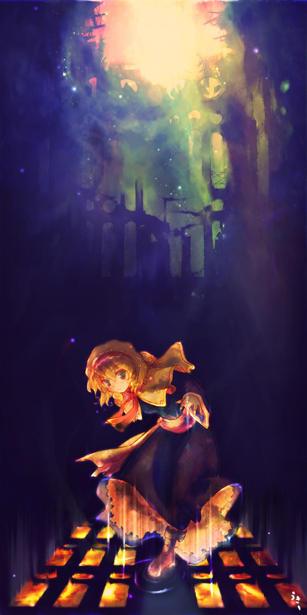 blonde_hair, blue_eyes, highres, signature, solo, touhou, ukihashi_kei