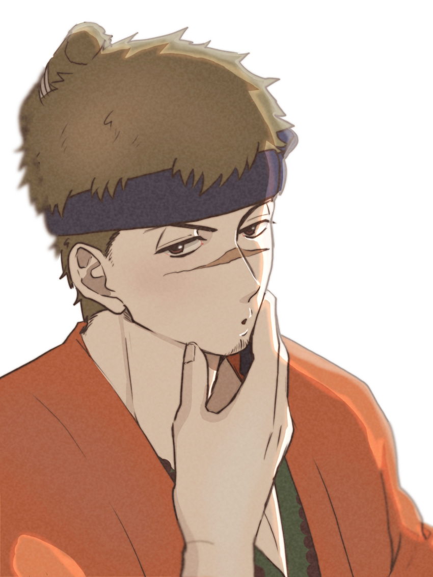 1boy, beard_stubble, blue_headband, brown_eyes, brown_hair, facial_hair, headband, highres, japanese_clothes, kimono, looking_at_viewer, male_focus, orange_kimono, ostenlicht, revenger, scar, scar_on_face, scar_on_nose, short_hair, simple_background, solo, souji_(revenger), stubble, white_background
