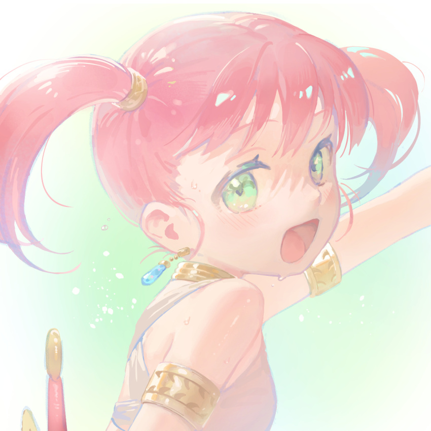 1girl, arm_up, armlet, bard_(sekaiju), bard_2_(sekaiju), bare_shoulders, blush, commentary_request, earrings, green_eyes, highres, jewelry, looking_at_viewer, mya-zawa, open_mouth, pink_hair, sekaiju_no_meikyuu, sekaiju_no_meikyuu_1, smile, solo, sweat, upper_body