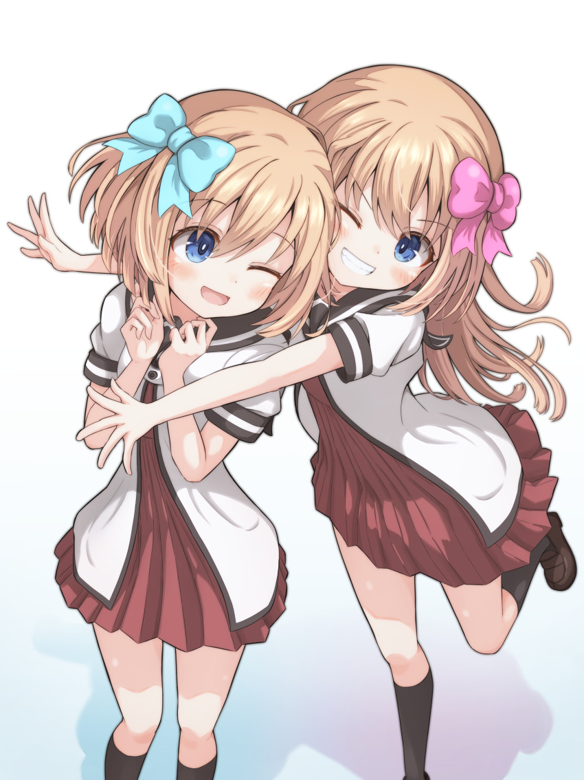2girls, ;), absurdres, aqua_bow, blonde_hair, blue_eyes, blush, bow, dress, hair_bow, highres, hug, japan, japanese, long_hair, medium_hair, multiple_girls, neptune_(series), one_eye_closed, open_mouth, pink_bow, ram_(neptunia), red_dress, rom_(neptunia), shionic_zm, siblings, simple_background, sisters, smile, standing, teeth, twins, white_background, yuri