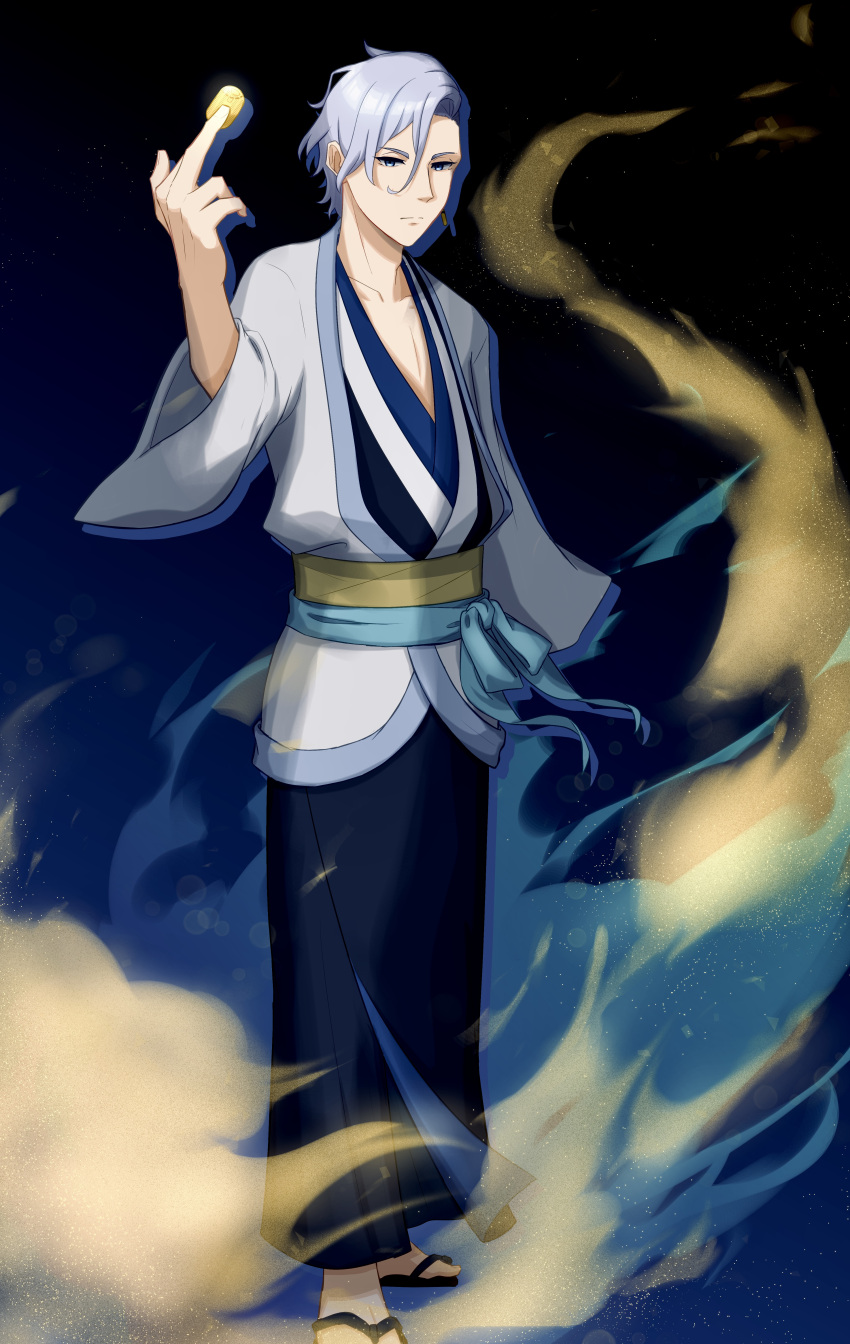 1boy, absurdres, bishounen, coin, full_body, gold_coin, grey_eyes, grey_hair