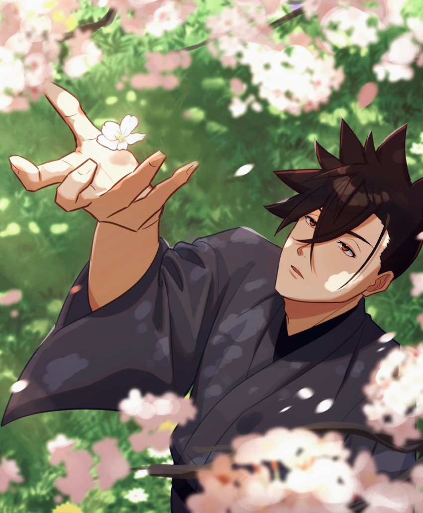 1boy, black_hair, cherry_blossoms, day, from_above, grass, grey_kimono, hair_between_eyes