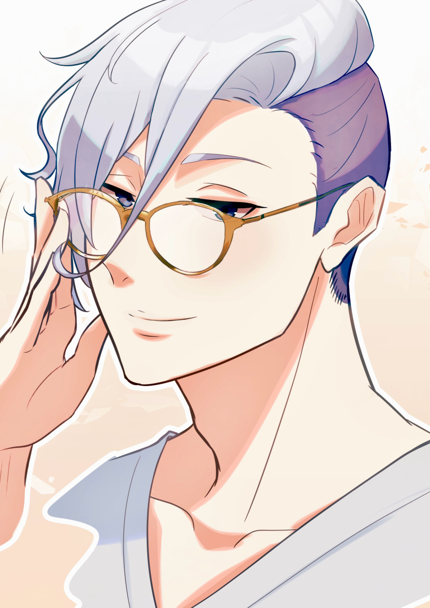 1boy, adjusting_eyewear, contemporary, glasses, gradient_background, grey_eyes, grey_hair, hair_between_eyes