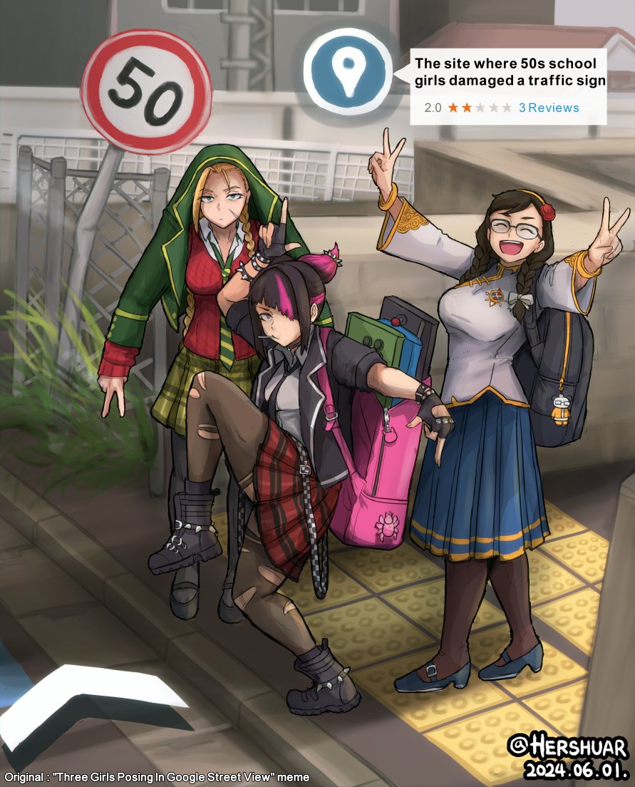 3girls, bag, blonde_hair, cammy_white, chinese_clothes, chun-li, full_body, glasses