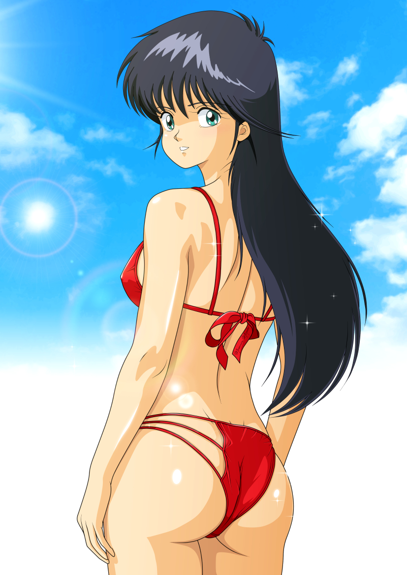 1girl, aqua_eyes, ass, ayukawa_madoka, back, black_hair, blue_sky, kimagure_orange_road