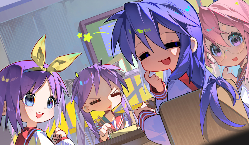 4girls, :3, absurdres, blue_eyes, blue_hair, bow_hairband, chair, chopsticks