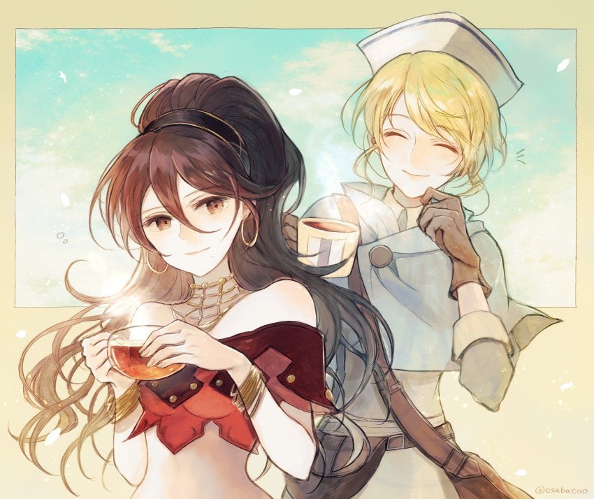 artist_name, bare_shoulders, belt, blonde_hair, blue_shawl, bracelet, brown_eyes, brown_gloves, brown_hair, castti_florenz, closed_eyes, closed_mouth, crop_top, cup, dancer, earrings, gloves, hair_between_eyes, hat, highres, holding, holding_cup, hot_drink, jewelry, leaf_(esabacoo), long_hair, multiple_girls, necklace, nurse_cap, octopath_traveler, octopath_traveler_i, octopath_traveler_ii, ponytail, primrose_azelhart, shawl, short_hair, smile, steam, tea, teacup, twitter_username, upper_body