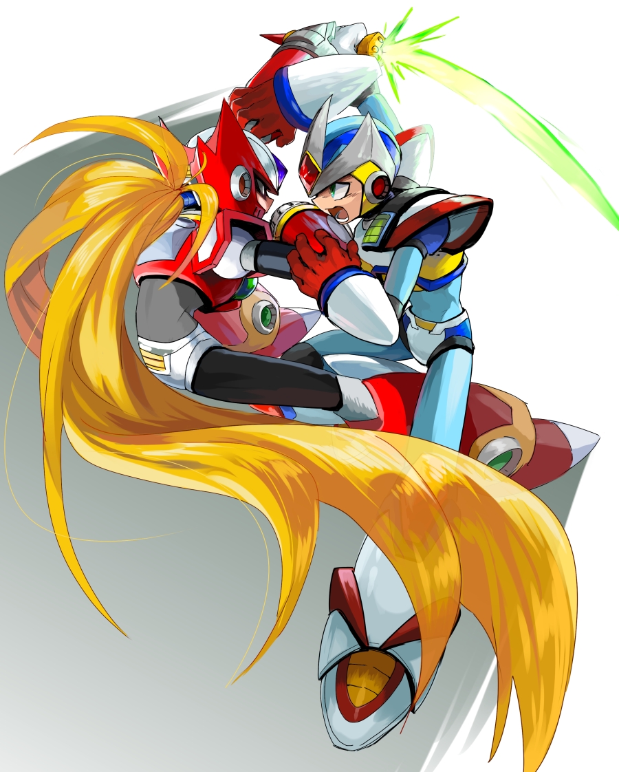 2boys, armor, blonde_hair, energy_sword, fighting, glowing, glowing_sword, glowing_weapon