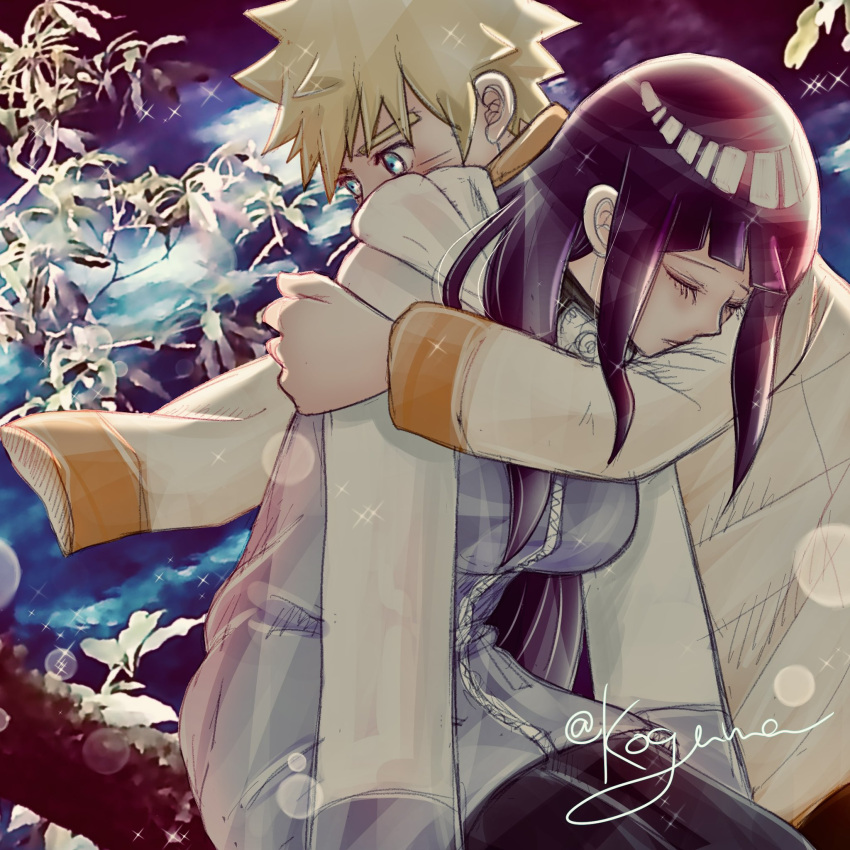1boy, 1girl, black_hair, blonde_hair, blue_eyes, blush, closed_eyes, highres