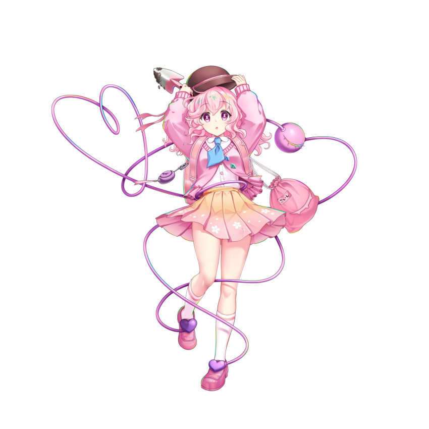 1girl, alternate_color, alternate_eye_color, alternate_hair_color, ascot, blue_ascot, full_body, game_cg, hat, heart, heart_of_string, highres, jacket, komeiji_koishi, komeiji_koishi_(blossomed_eyes_of_love), long_sleeves, looking_at_viewer, medium_hair, pink_footwear, pink_hair, pink_jacket, pink_skirt, rotte_(1109), shirt, simple_background, skirt, socks, solo, third-party_source, third_eye, touhou, touhou_lostword, trowel, white_background, white_shirt, white_socks