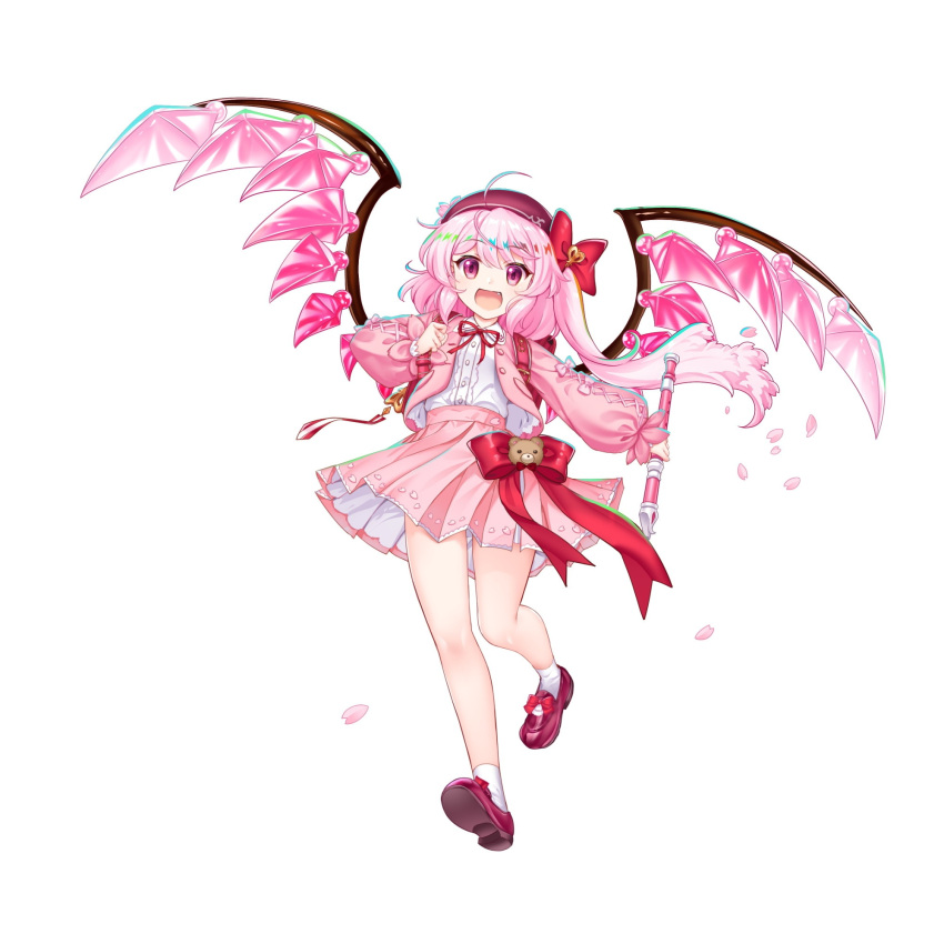 1girl, ahoge, alternate_color, alternate_eye_color, alternate_hair_color, bow, crystal_wings, flandre_scarlet, flandre_scarlet_(vibrant_sister_of_the_devil), full_body, game_cg, hair_bow, highres, jacket, long_hair, long_sleeves, looking_at_viewer, one_side_up, pink_hair, pink_jacket, pink_skirt, red_bow, red_footwear, rotte_(1109), shirt, simple_background, skirt, socks, solo, third-party_source, touhou, touhou_lostword, white_background, white_shirt, white_socks