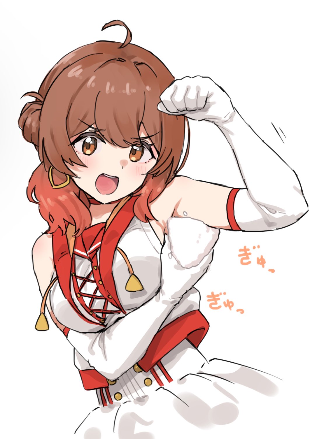 1girl, ahoge, armpit_onigiri, bare_shoulders, breasts, brown_eyes, brown_hair, clenched_hand, commentary_request, dress, earrings, elbow_gloves, food, gakuen_idolmaster, gloves, gradient_hair, hair_bun, hanami_ume, hand_up, highres, hoop_earrings, idolmaster, jewelry, kusugi_tai, medium_breasts, medium_hair, motion_lines, multicolored_hair, onigiri, open_mouth, simple_background, single_side_bun, sleeveless, sleeveless_dress, solo, sound_effects, tareme, teeth, upper_body, upper_teeth_only, v-shaped_eyebrows, white_background, white_gloves
