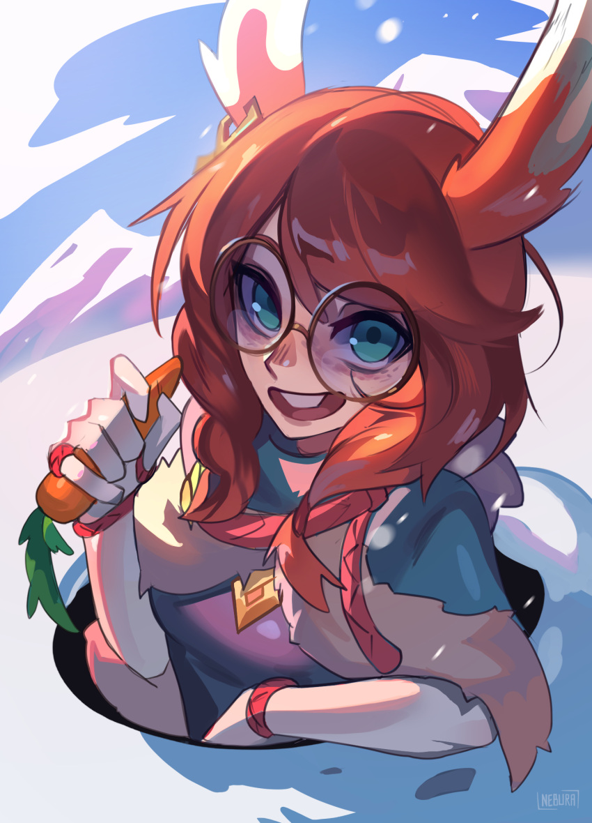 1girl, animal_ears, artist_name, aurora_(league_of_legends), blue_eyes, blue_sky, carrot, clouds