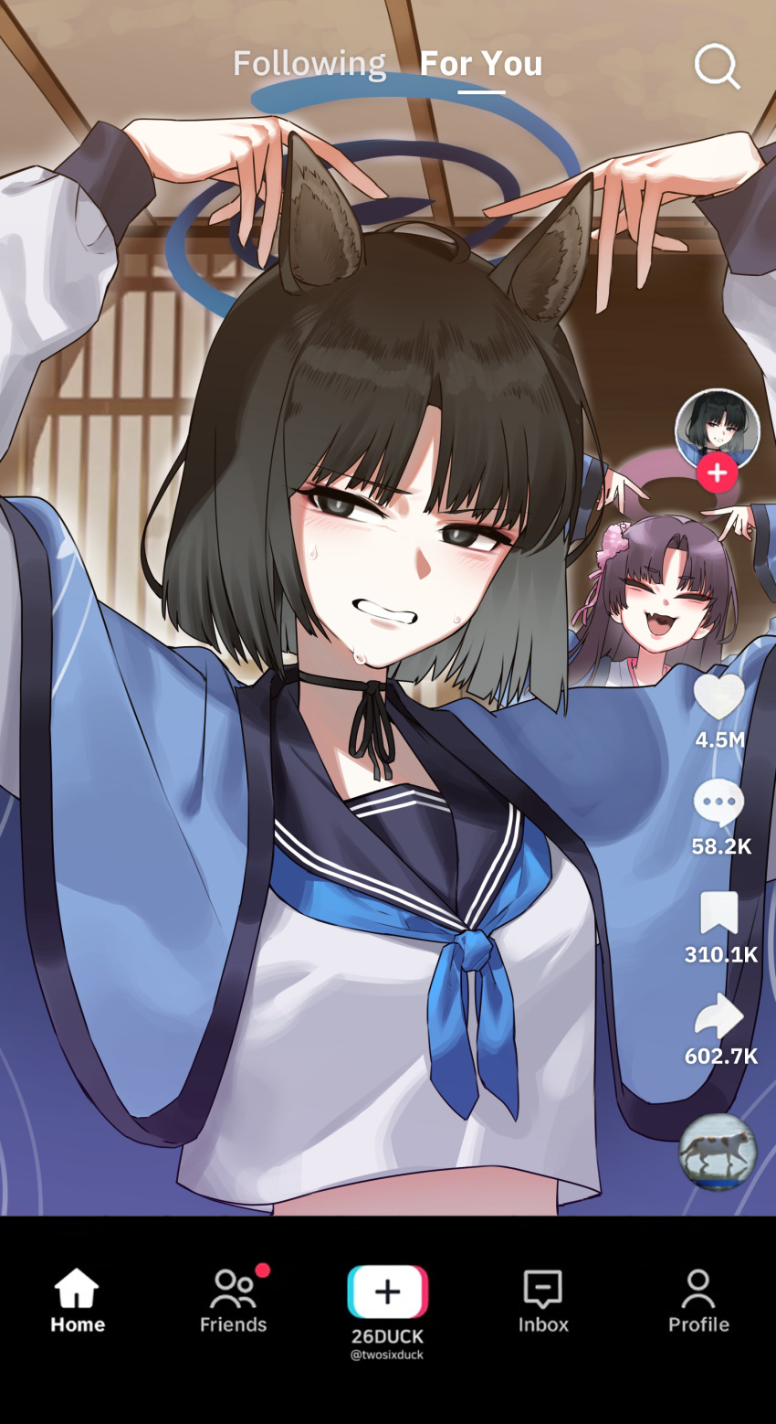 26duck, 2girls, absurdres, animal_ear_fluff, animal_ears, architecture, arms_up, artist_name