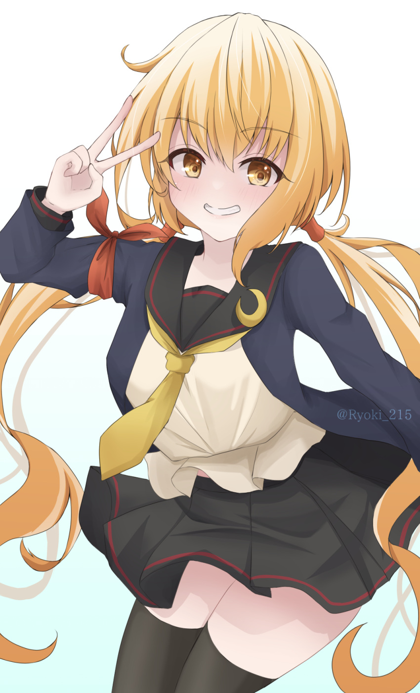 black_thighhighs, blonde_hair, blue_jacket, crescent, crescent_pin, highres, jacket, kantai_collection