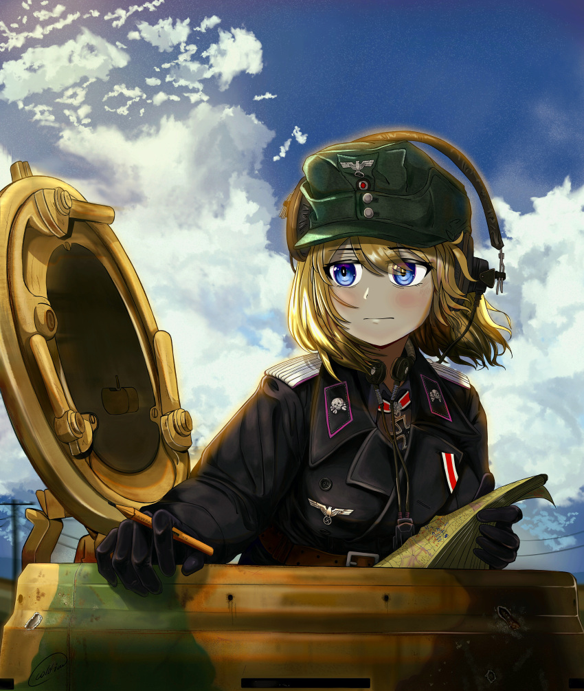 absurdres, battle, black_gloves, blonde_hair, blue_eyes, blue_sky, closed_mouth, clouds