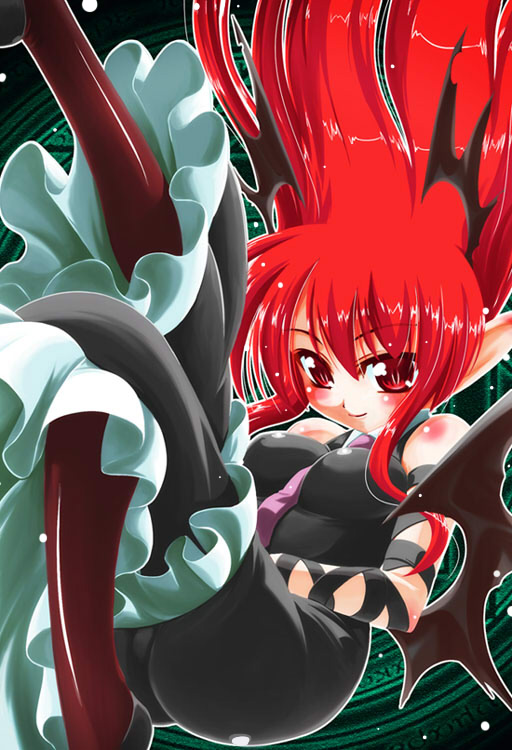 head_wings, hisame_genta, koakuma, maroon_pantyhose, pantyhose, red_eyes, red_hair, redhead