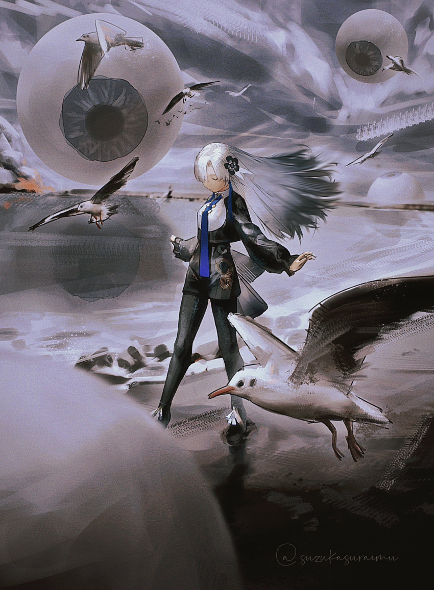 1girl, beach, bird, black_flower, black_jacket, black_pantyhose, black_shorts, blue_hair
