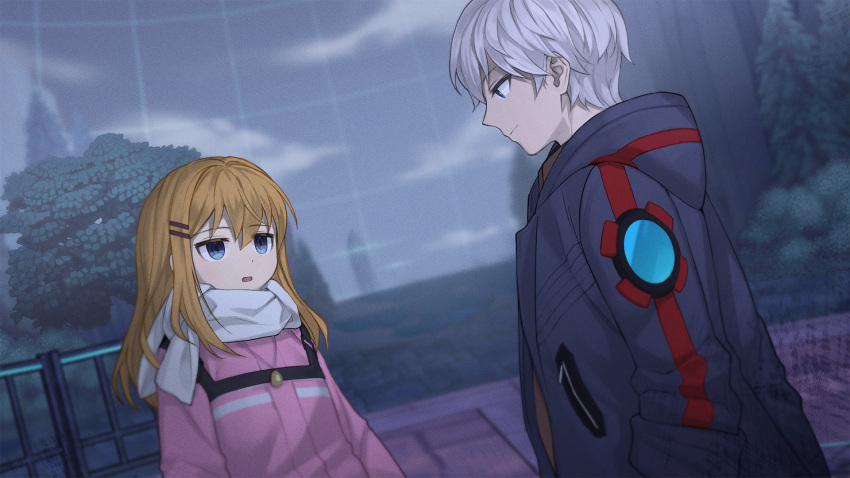 1boy, 1girl, arms_at_sides, artist_request, azar_(chrono_ark), blonde_hair, blurry, blurry_background