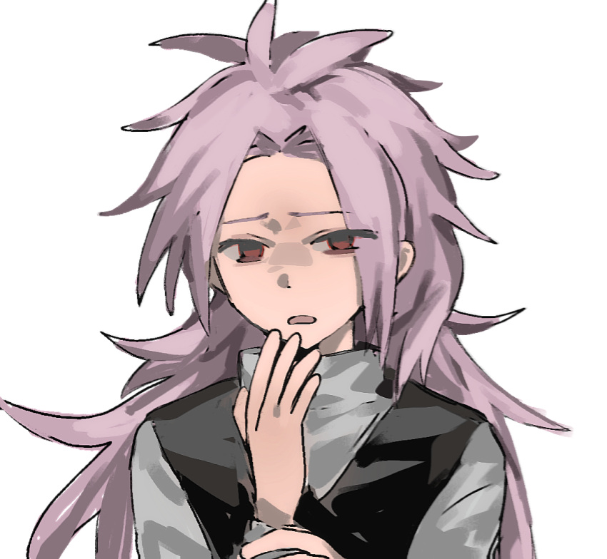 1boy, black_sweater, chinese_commentary, commentary_request, hand_on_own_chin, hatsutori_hajime, holding_own_wrist, kaixing421, long_hair, looking_at_viewer, male_focus, open_mouth, parted_bangs, pink_hair, red_eyes, saibou_shinkyoku, simple_background, solo, sweater, transparent_background, turtleneck, turtleneck_sweater, white_sweater