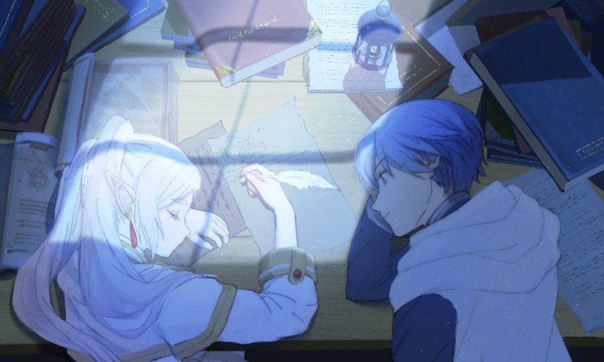 1boy, 1girl, blue_hair, book, closed_eyes, earrings, frieren, head_rest, highres, himmel_(sousou_no_frieren), jewelry, lantern, ling5707, looking_at_another, moonlight, night, pointy_ears, quill, sleeping, sousou_no_frieren, twintails, upper_body, white_hair, window_shadow