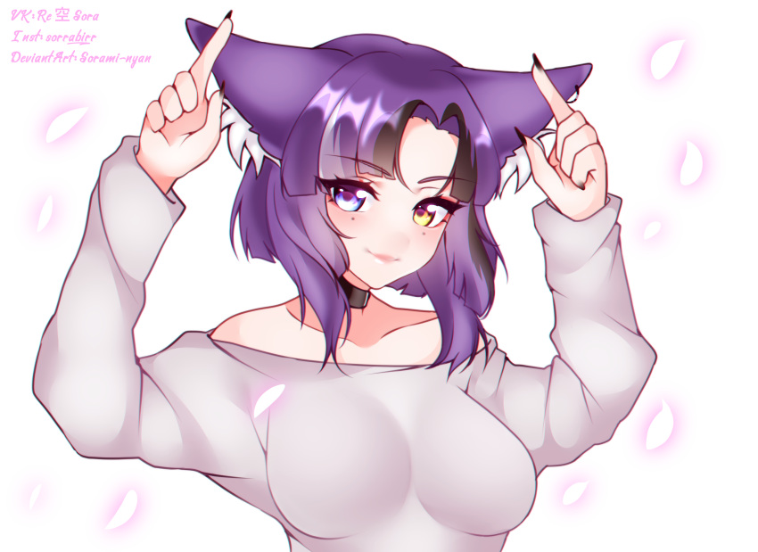 1girl, animal_ear_fluff, animal_ears, arms_up, artist_name, awful_queen_(vtuber), breasts, choker, fox_ears, fox_girl, heterochromia, highres, indie_virtual_youtuber, large_breasts, lips, looking_at_viewer, mole, mole_under_eye, monster_girl, sorami-nyan, sweater