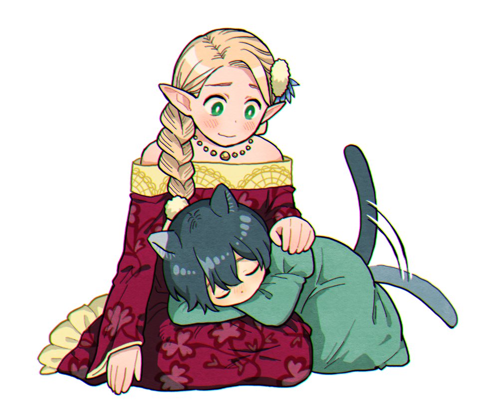 2girls, afterimage, animal_ears, bare_shoulders, black_hair, blonde_hair, blush, braid