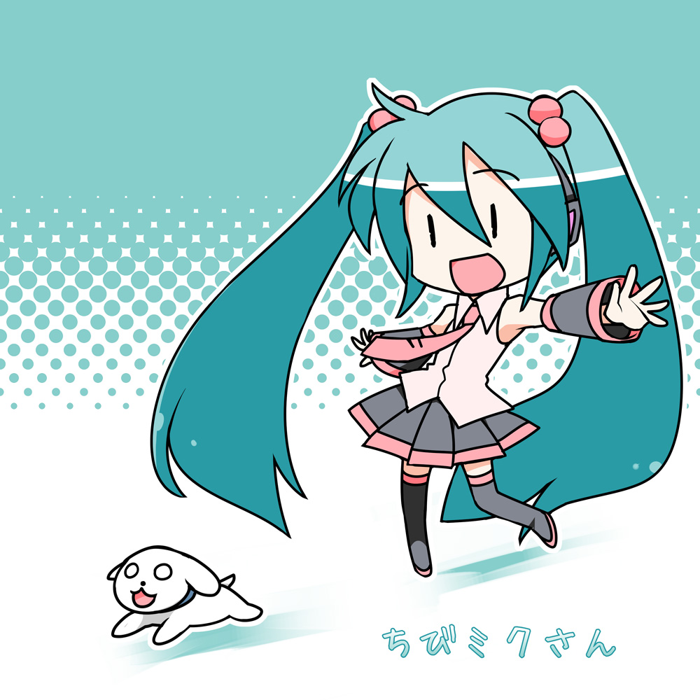 alternate_color, blue_hair, boots, caffein, chibi, chibi_miku, detached_sleeves, dog