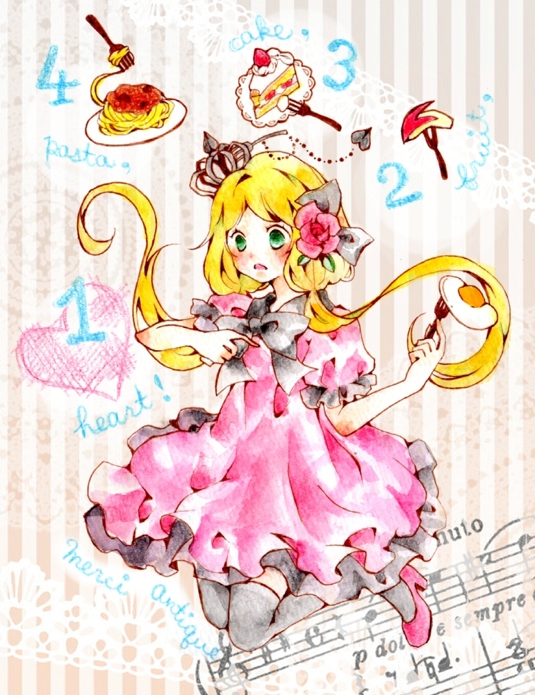 black_thighhighs, blonde_hair, bow, crown, dress, flower, food, green_eyes