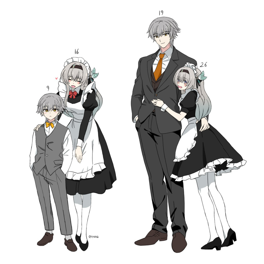1boy, 1girl, age_difference, age_progression, alternate_costume, apron, black_dress, black_footwear, black_hairband, black_suit, bow, bowtie, brown_footwear, caelus_(honkai:_star_rail), collared_shirt, dress, firefly_(honkai:_star_rail), full_body, grey_hair, grey_pants, grey_vest, hairband, hands_in_pockets, height_difference, highres, hon_(shhonsr), honkai:_star_rail, honkai_(series), long_sleeves, maid, maid_apron, maid_headdress, multiple_views, necktie, orange_necktie, pants, puffy_short_sleeves, puffy_sleeves, red_bow, red_bowtie, shirt, shoes, short_sleeves, simple_background, smile, standing, suit, trailblazer_(honkai:_star_rail), vest, white_background, white_shirt, yellow_bow, yellow_bowtie
