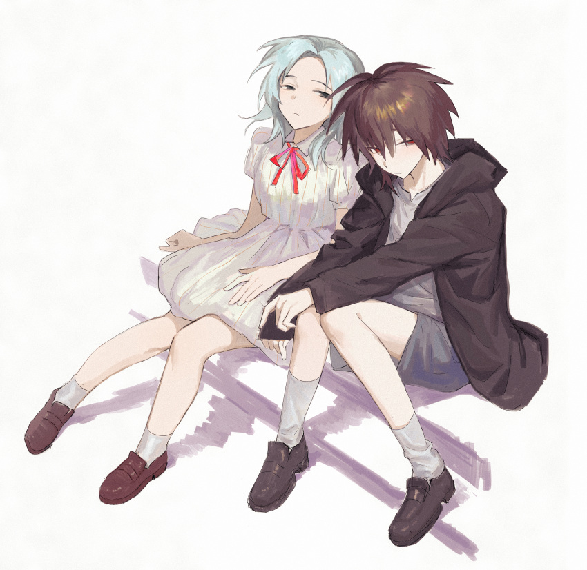 1boy, 1girl, absurdres, black_eyes, black_jacket, blue_hair, brown_footwear, brown_hair