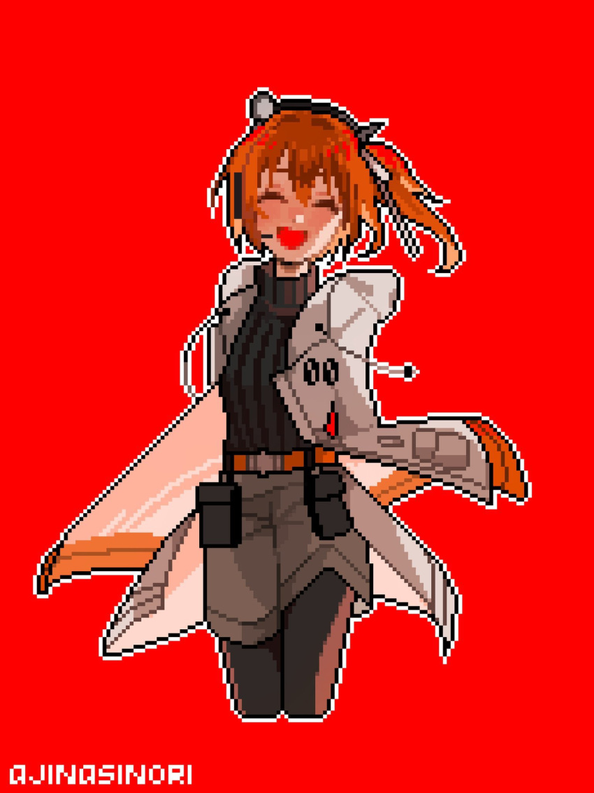 1girl, ^_^, a.i._voice, adachi_rei, ajinasi_nori, artist_name, belt, belt_buckle, belt_pouch, black_leggings, black_sweater, buckle, closed_eyes, cowboy_shot, cropped_legs, drawstring, facing_viewer, grey_shorts, hashtag-only_commentary, headlamp, highres, jacket, leggings, medium_hair, one_side_up, open_clothes, open_jacket, open_mouth, orange_belt, orange_hair, outline, pixel_art, pouch, red_background, ribbed_sweater, shorts, simple_background, smile, solo, standing, sweater, turtleneck, turtleneck_sweater, utau, white_jacket, white_outline