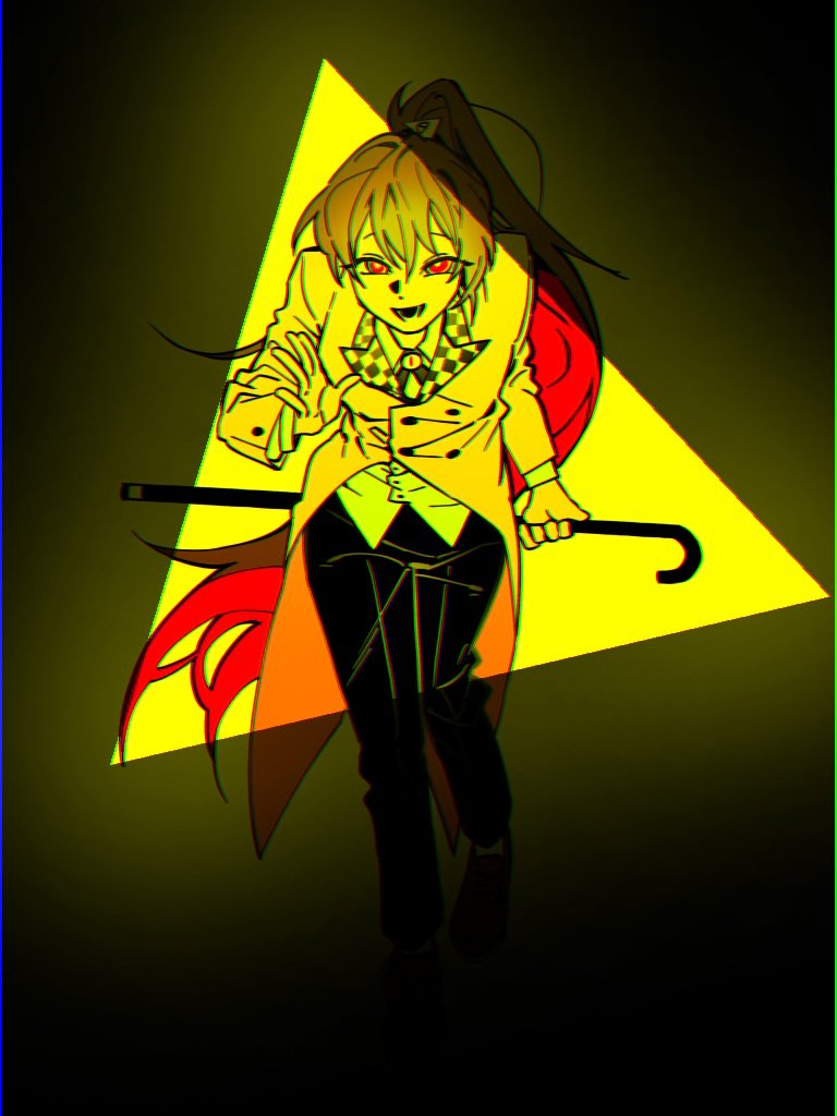 1girl, bill_cipher, bill_cipher_(cosplay), black_background, black_pants, brown_hair, carmen_(project_moon), checkered_clothes, collared_shirt, cosplay, full_body, gravity_falls, hand_up, heeeekgrim_user, high_ponytail, jacket, lobotomy_corporation, long_hair, long_sleeves, looking_at_viewer, open_mouth, pants, project_moon, red_eyes, shirt, simple_background, smile, solo, very_long_hair, white_shirt, yellow_jacket
