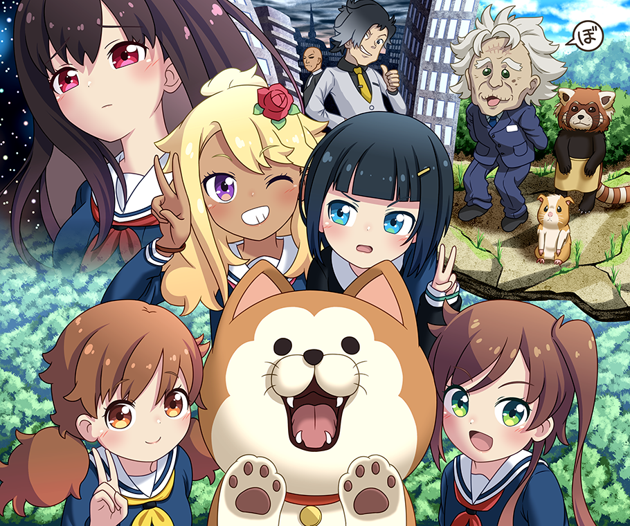 3boys, 5girls, :d, :o, ;d, animal_collar, apron, bald